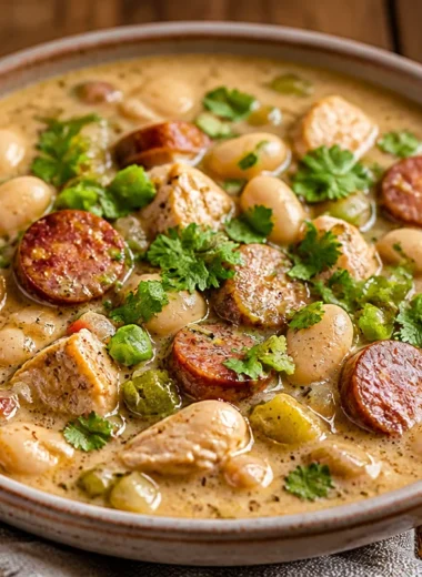 Bowl of creamy Cajun White Chicken Chili garnished with herbs