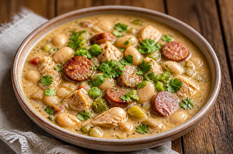 Bowl of creamy Cajun White Chicken Chili garnished with herbs