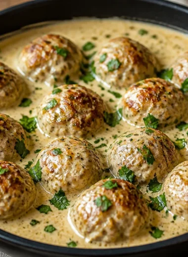 Delicious creamy chicken meatballs served in a rich sauce