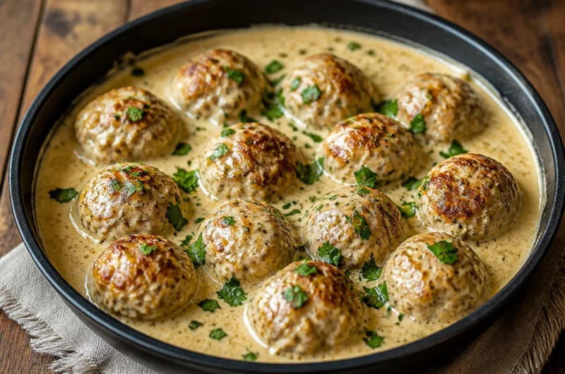 Delicious creamy chicken meatballs served in a rich sauce