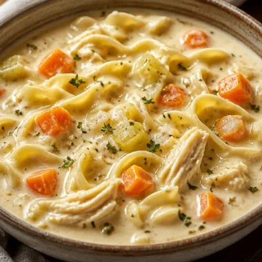 Creamy Crack Chicken Noodle Soup 29 Bowl of creamy Crack Chicken Noodle Soup topped with herbs and spices