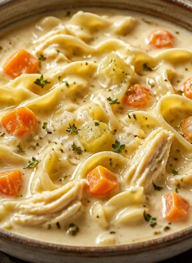 Bowl of creamy Crack Chicken Noodle Soup topped with herbs and spices