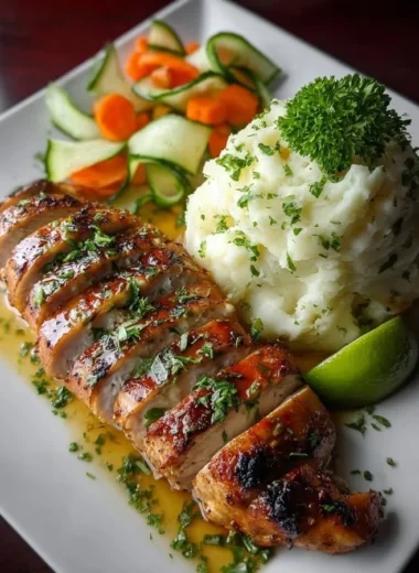 Creamy garlic herb chicken with mashed potatoes on a plate