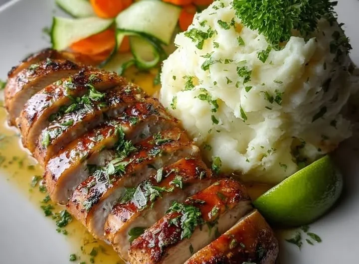 Creamy garlic herb chicken with mashed potatoes on a plate