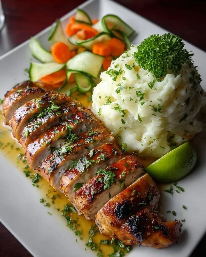 Creamy garlic herb chicken with mashed potatoes on a plate