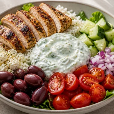 Creamy Greek Chicken Bowls 29 Creamy Greek chicken bowls with vibrant vegetables and a tasty sauce