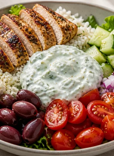 Creamy Greek chicken bowls with vibrant vegetables and a tasty sauce