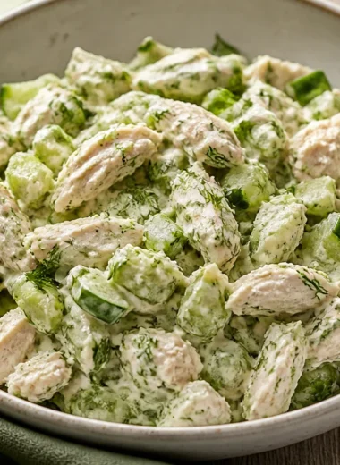 Creamy Greek Yogurt Rotisserie Chicken Cucumber Dill Salad in a bowl