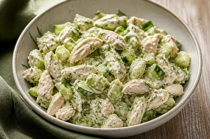Creamy Greek Yogurt Rotisserie Chicken Cucumber Dill Salad in a bowl