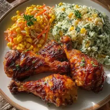 Creamy herb rice served with glazed chicken drumsticks for a tasty dinner.