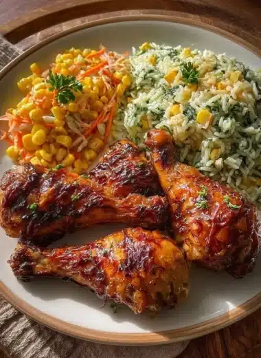 Creamy herb rice served with glazed chicken drumsticks for a tasty dinner.