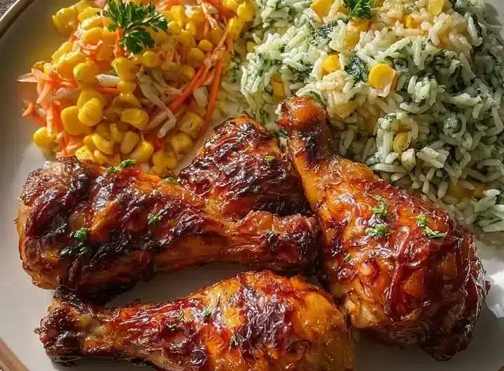 Creamy herb rice served with glazed chicken drumsticks for a tasty dinner.