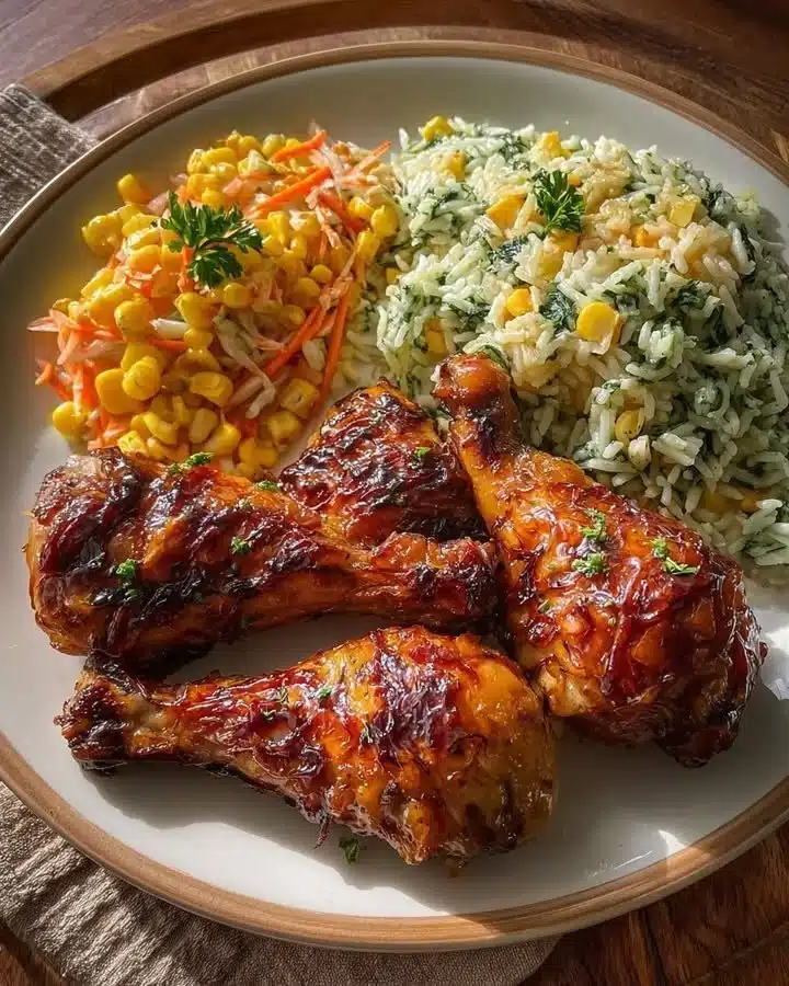 Creamy Herb Rice & Glazed Chicken Drumsticks 32 Creamy herb rice served with glazed chicken drumsticks for a tasty dinner.
