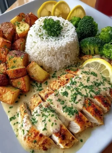 Creamy lemon chicken dish with rice, potatoes, and broccoli served on a plate.