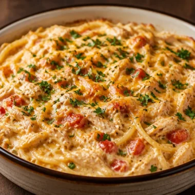 Creamy Magnolia Chicken Spaghetti 29 Bowl of creamy Magnolia Chicken Spaghetti garnished with herbs