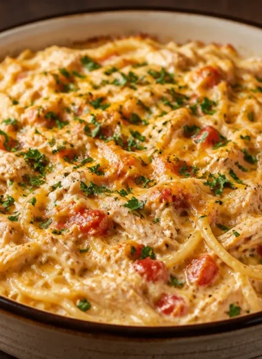 Bowl of creamy Magnolia Chicken Spaghetti garnished with herbs