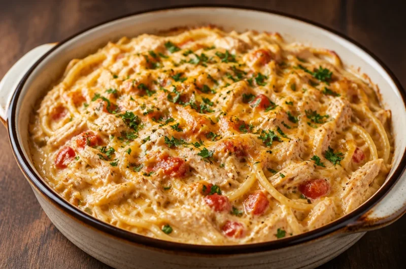 Bowl of creamy Magnolia Chicken Spaghetti garnished with herbs