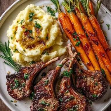 Creamy mashed potatoes served with garlic rosemary lamb chops and carrots.