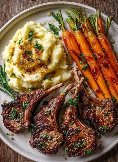 Creamy mashed potatoes served with garlic rosemary lamb chops and carrots.