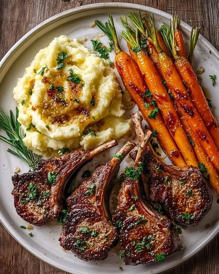 Creamy Mashed Potatoes, Garlic Rosemary Lamb Chops, Carrots 33 Creamy mashed potatoes served with garlic rosemary lamb chops and carrots.