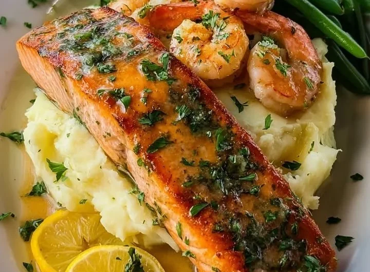 Creamy mashed potatoes served with garlic butter salmon and shrimp on a plate.