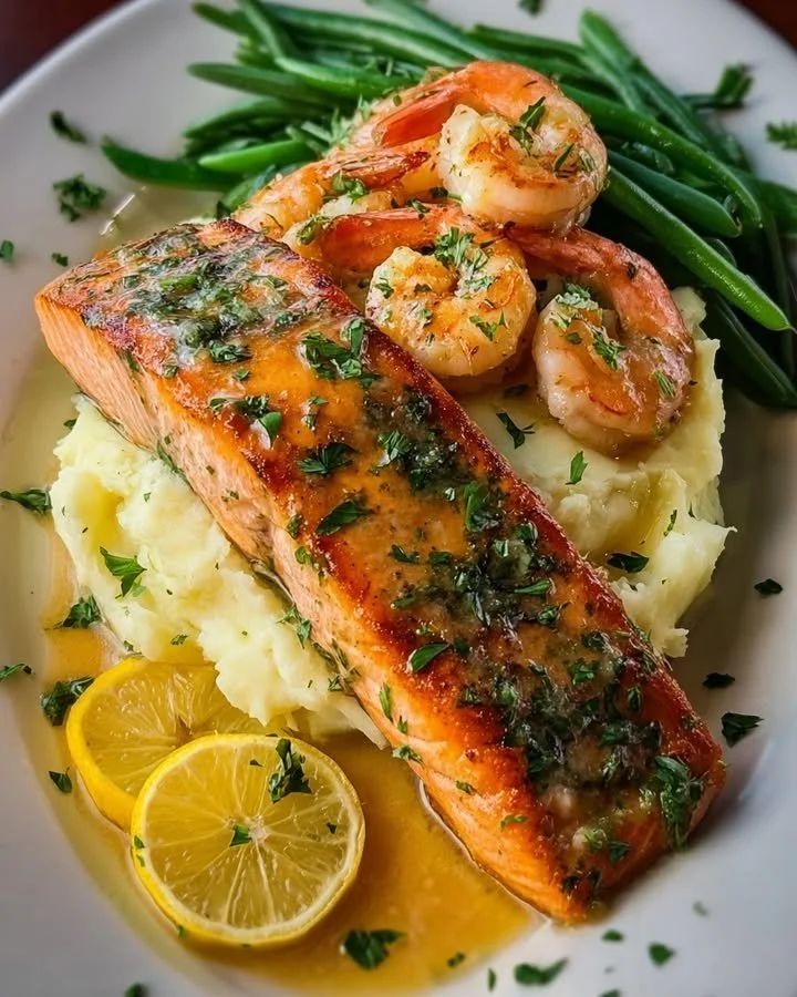 Creamy mashed potatoes served with garlic butter salmon and shrimp on a plate.