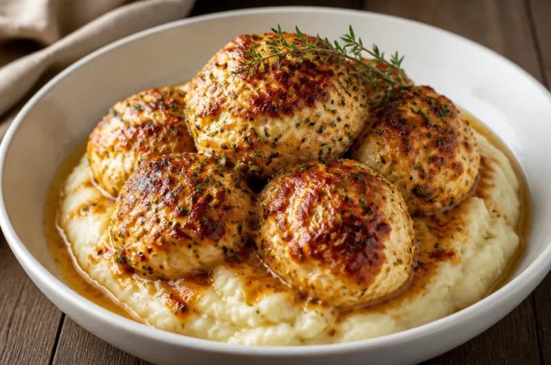 Creamy Parmesan Chicken Bombs served on a plate with herbs.