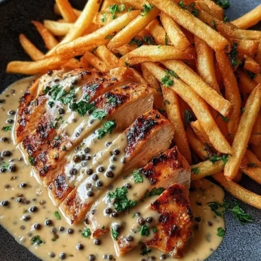 Plate of creamy peppercorn chicken with golden fries