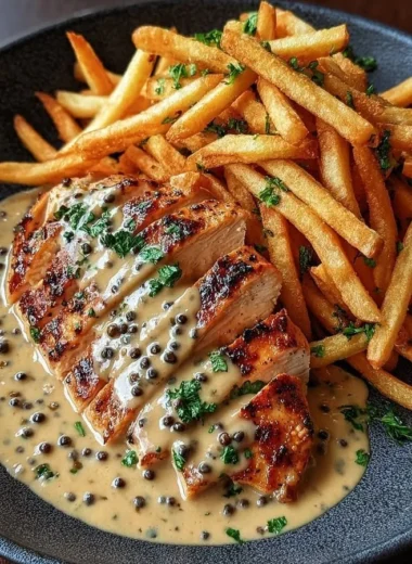Plate of creamy peppercorn chicken with golden fries