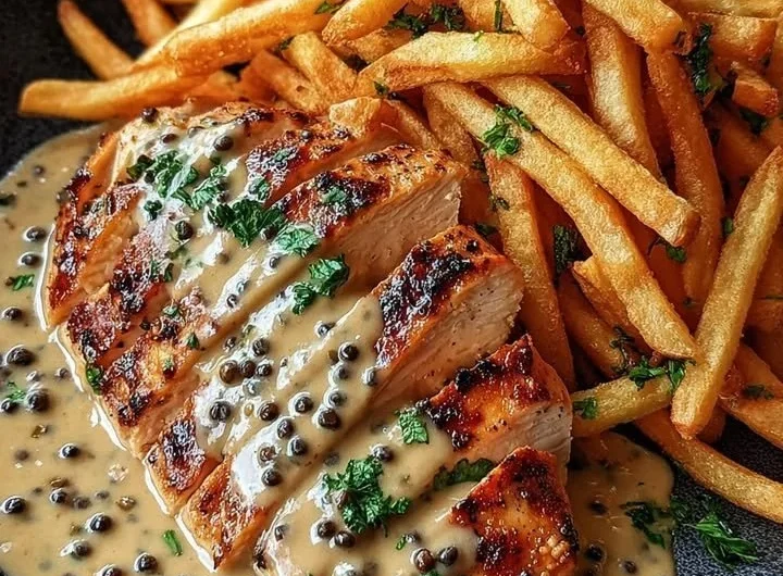 Plate of creamy peppercorn chicken with golden fries