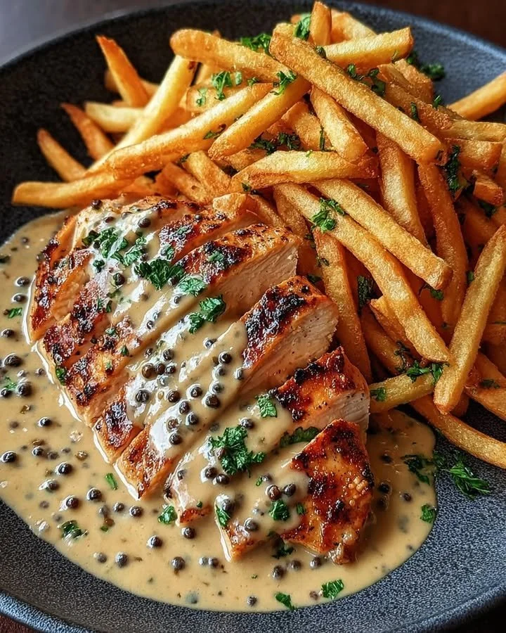 Creamy Peppercorn Chicken With Fries 33 Plate of creamy peppercorn chicken with golden fries