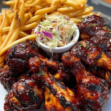 Crispy BBQ Chicken Drumsticks With Fries And Coleslaw 33 Crispy BBQ chicken drumsticks with fries and coleslaw on a plate