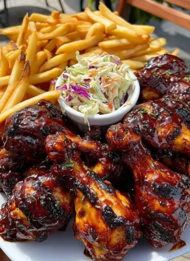 Crispy BBQ chicken drumsticks with fries and coleslaw on a plate