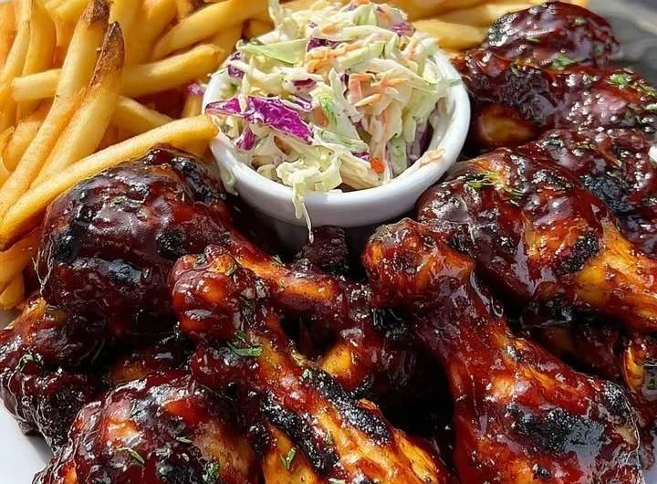 Crispy BBQ chicken drumsticks with fries and coleslaw on a plate