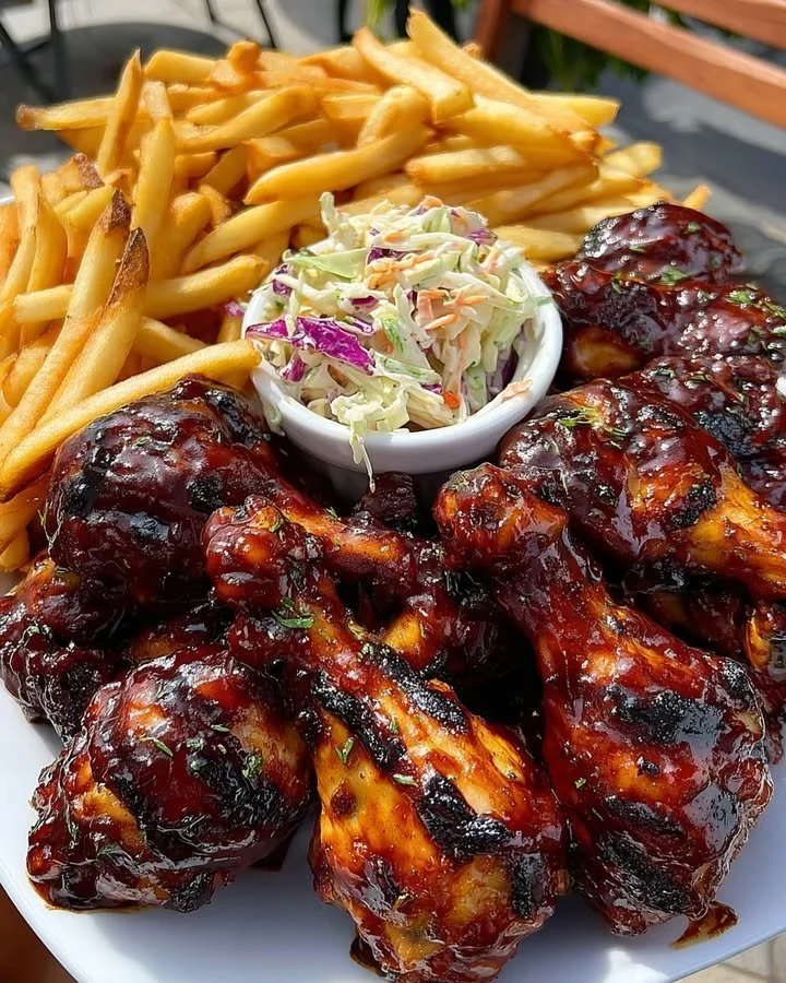 Crispy BBQ chicken drumsticks with fries and coleslaw on a plate
