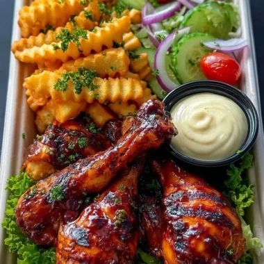 Crispy BBQ Chicken Drumsticks with Fries and Garden Salad 35 Crispy BBQ chicken drumsticks served with fries and a garden salad
