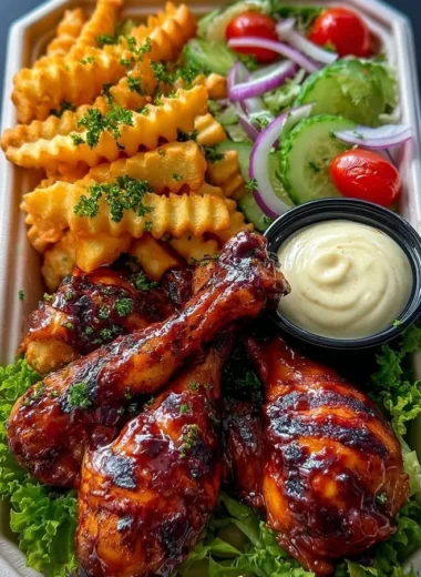 Crispy BBQ chicken drumsticks served with fries and a garden salad