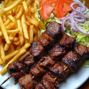 Crispy beef skewers served with fries and a garden salad