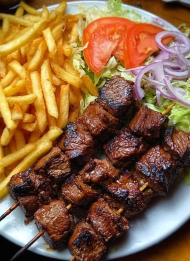 Crispy beef skewers served with fries and a garden salad