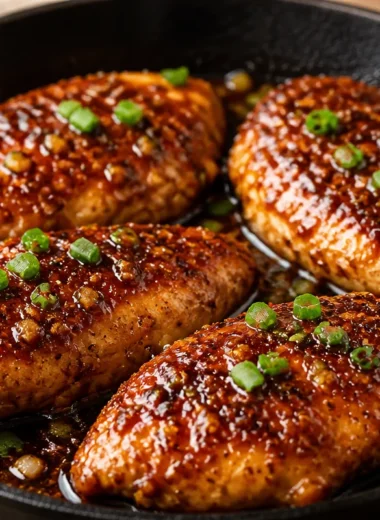 Crispy brown sugar garlic chicken breasts on a plate garnished with herbs