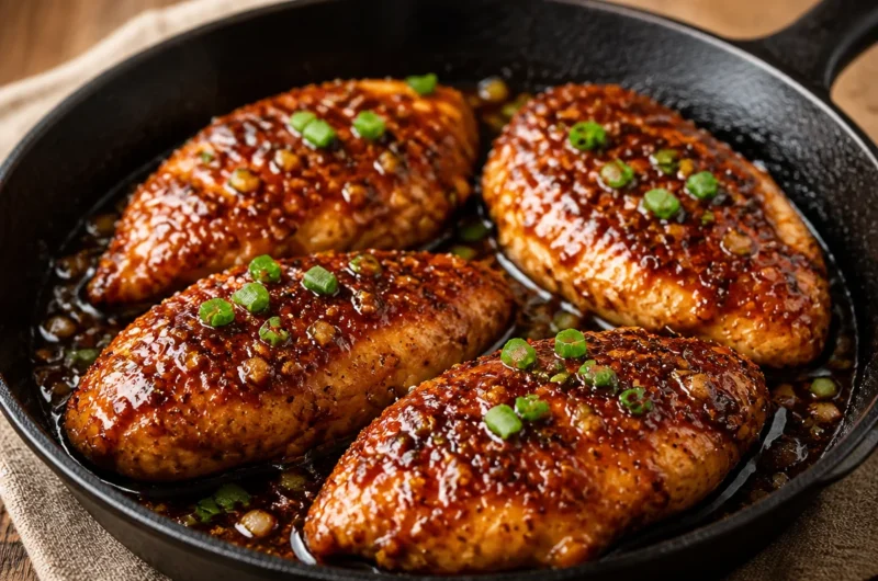 Crispy brown sugar garlic chicken breasts on a plate garnished with herbs