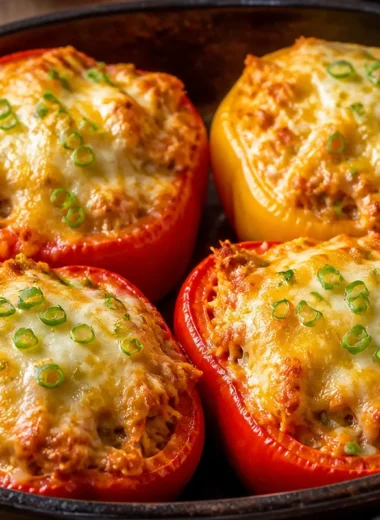 Crispy Buffalo Chicken stuffed peppers served on a plate