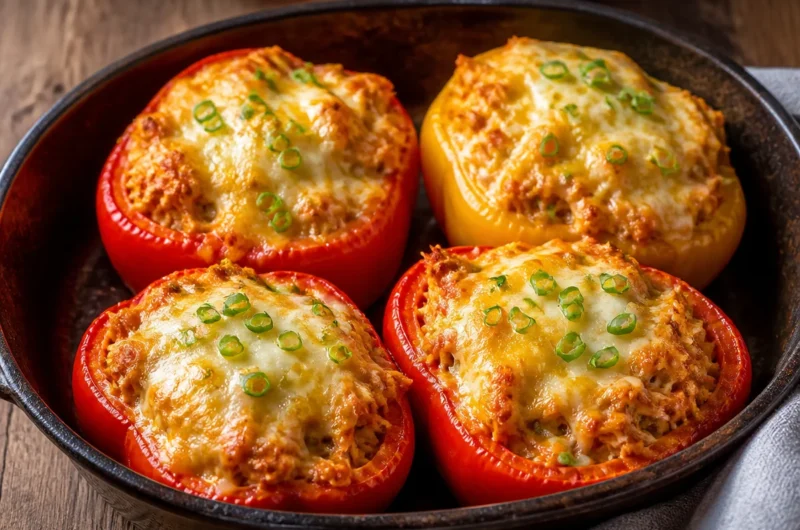 Crispy Buffalo Chicken stuffed peppers served on a plate