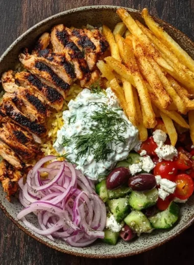 Crispy Chicken Gyro Bowl served with fries, garnished for a delicious meal.