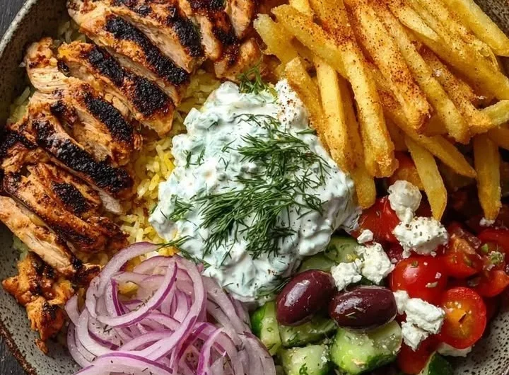 Crispy Chicken Gyro Bowl served with fries, garnished for a delicious meal.