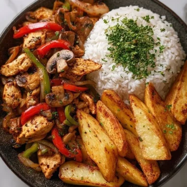 Crispy chicken stir-fry bowl with rice and potato wedges on a plate