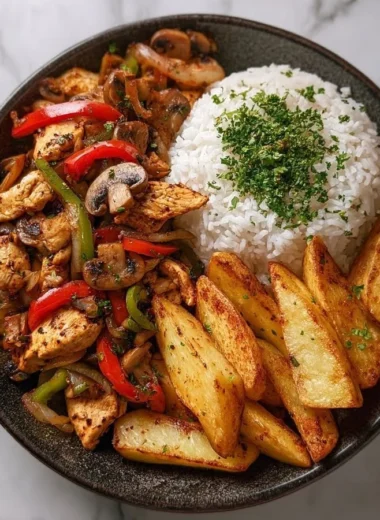 Crispy chicken stir-fry bowl with rice and potato wedges on a plate