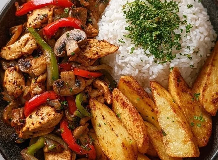 Crispy chicken stir-fry bowl with rice and potato wedges on a plate