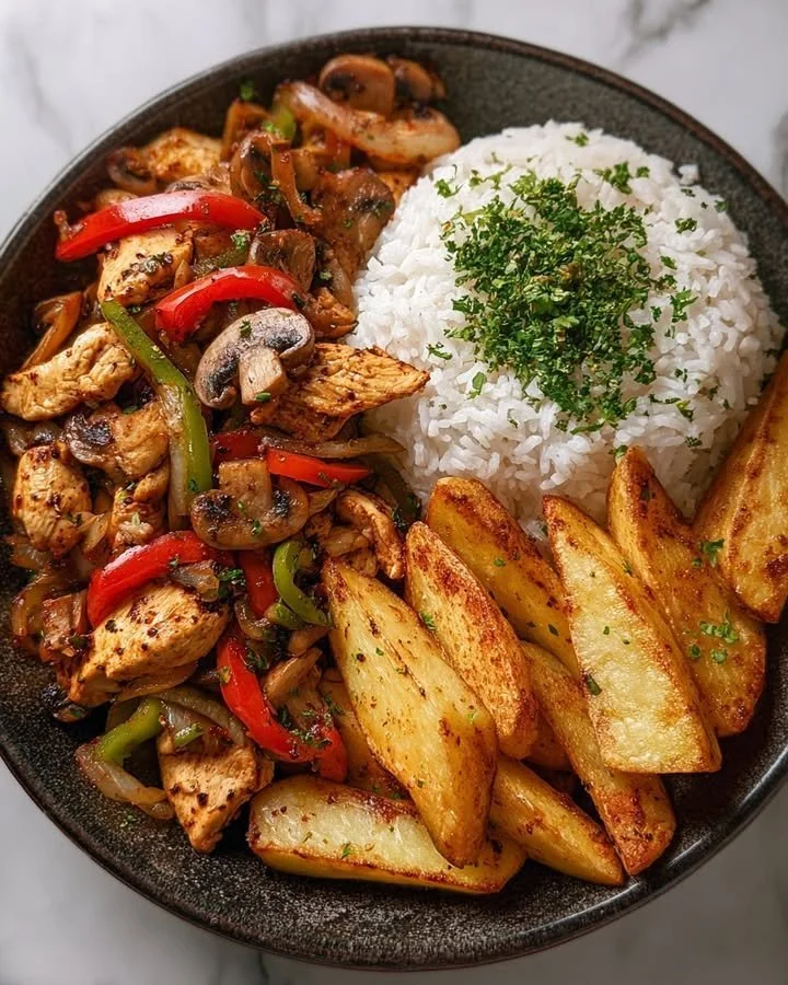 Crispy Chicken Stir-Fry Bowl with Rice and Potato Wedges 27 Crispy chicken stir-fry bowl with rice and potato wedges on a plate