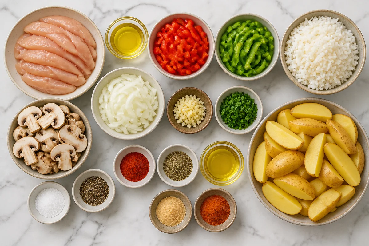 Crispy Chicken Stir-Fry Bowl with Rice and Potato Wedges